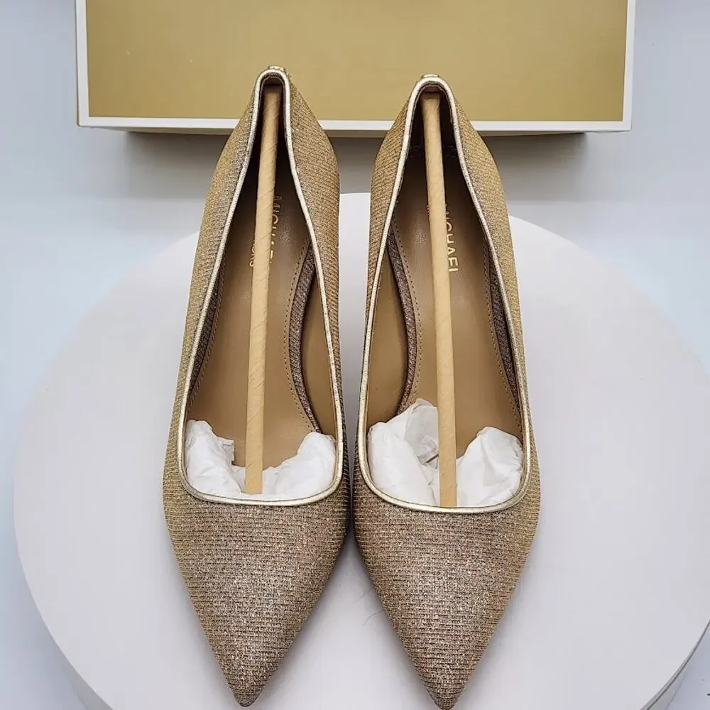 NEW Michael Kors Alina Flex Pump Pale Gold Glitter Chain Mesh Heels Size 5.5M